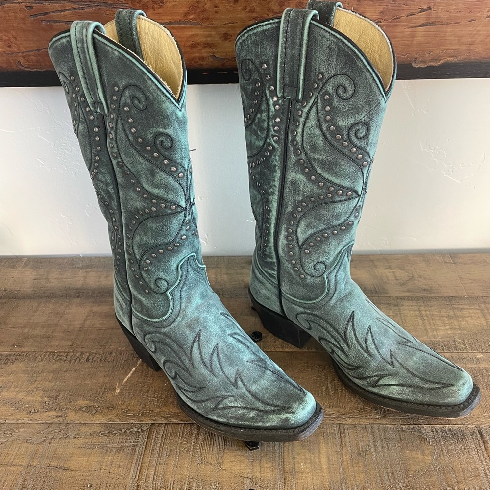 Women's Teal Distressed Studded Heeled Cowboy Boots